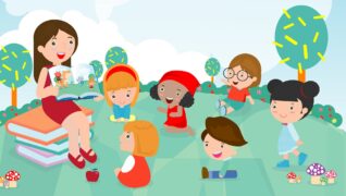 Teacher Telling A Story To Nursery Children In The Garden, Cute Kids Listening To Their Teacher Tell A Story, Teacher Reading Books For Child In The Kindergarten. Vector Illustration