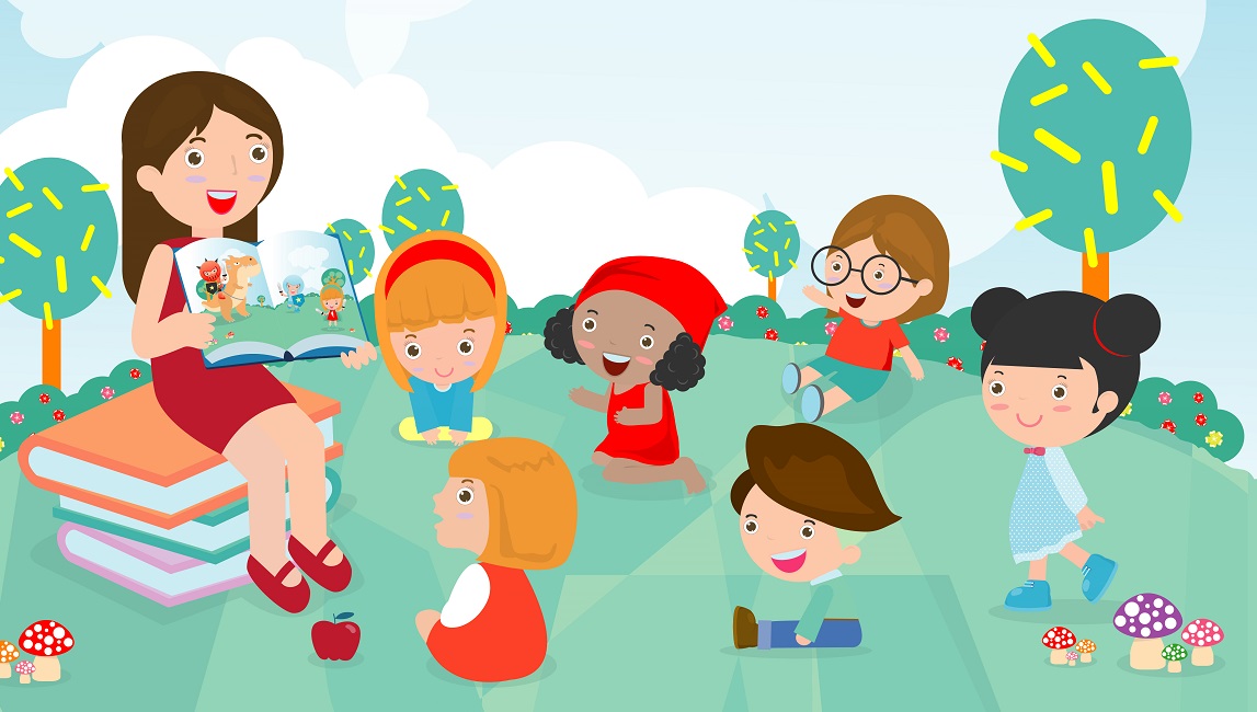 Teacher Telling A Story To Nursery Children In The Garden, Cute Kids Listening To Their Teacher Tell A Story, Teacher Reading Books For Child In The Kindergarten. Vector Illustration