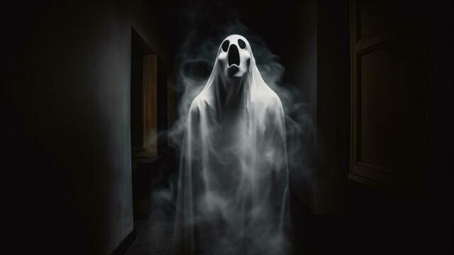 Halloween Ghost In Spooky Empty House Dark Mysterious Background Ai Generated Photo