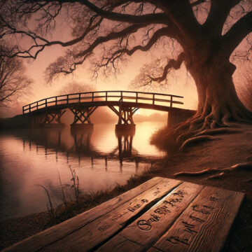 Dall·e 2024 10 04 08.34.02 A Serene Sunset Scene By A Peaceful River With A Wooden Bridge In The Foreground. A Large Oak Tree Stands Nearby, Its Branches Stretching Over The Wat