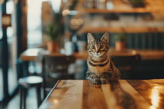 Cute Cat Sitting Table Restaurant Selective Focus 636537 320964