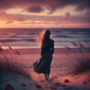 Dall·e 2024 11 07 11.35.57 A Melancholic Scene Of A Woman Standing Alone On A Quiet, Windswept Beach At Sunset. She Gazes Out Over The Ocean, Her Hair Gently Blowing In The Bree