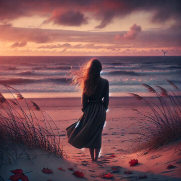 Dall·e 2024 11 07 11.35.57 A Melancholic Scene Of A Woman Standing Alone On A Quiet, Windswept Beach At Sunset. She Gazes Out Over The Ocean, Her Hair Gently Blowing In The Bree