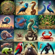 Dall·e 2025 02 14 08.06.50 A Collage Of 10 Different Animals Known For Their Unique Mating Rituals. The Image Features 1. A Bowerbird Next To An Intricately Decorated Bower. 2