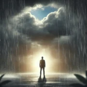 Dall·e 2025 02 23 14.48.51 A Person Standing Under A Heavy Rainstorm, Looking Up As A Glimpse Of Sunlight Breaks Through The Dark Clouds. The Scene Symbolizes Hope And Resilienc
