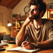 Dall·e 2025 03 14 19.56.15 A Person Sitting At A Wooden Table, Deep In Thought, With A Notebook And Pen In Front Of Them. They Have A Thoughtful Expression, Resting Their Chin O