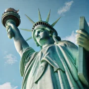 Dall·e 2025 03 15 00.50.17 A Highly Detailed Image Of The Statue Of Liberty Standing On Liberty Island, With A Clear Blue Sky In The Background. The Statue's Green Patina Is Acc