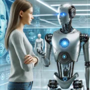 Dall·e 2025 03 15 18.17.37 A Highly Advanced Ai Robot Standing Next To A Human. The Robot Has A Sleek, Futuristic Metallic Design With Glowing Blue Eyes And Intricate Mechanical