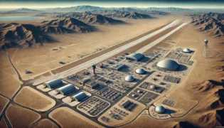 Dall·e 2025 03 15 19.46.26 A Detailed Aerial Illustration Of Area 51, Depicting Its Key Features. The Image Includes A Long Runway, Several Large Hangars, Security Checkpoints,