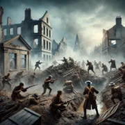 Dall·e 2025 03 15 23.18.11 A Dramatic And Realistic World War I Battle Scene Featuring Soldiers Engaged In Intense Face To Face Combat Amidst Destroyed Buildings. The Battlefiel