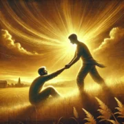 Dall·e 2025 03 16 01.32.09 A Beautiful And Symbolic Image Representing The Concept Of 'brother's Keeper.' The Scene Showcases A Person Helping Another Up From The Ground In An A