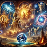 Dall·e 2025 03 16 14.36.06 A Sophisticated And Awe Inspiring Depiction Of Various Gods Visiting Earth Before The Existence Of Humans. The Scene Features A Celestial Landscape Wi