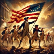Dall·e 2025 03 16 18.09.52 A Sophisticated And Awe Inspiring Depiction Of America's Freedom From Britain. The Scene Features American Revolutionaries Triumphantly Waving The New