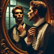 Dall·e 2025 03 19 23.21.15 A Sophisticated And Artistic Digital Painting Of A Narcissistic Person. The Image Features An Elegantly Dressed Man Or Woman Staring Intensely Into A