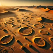Dall·e 2025 03 23 14.20.31 A Breathtaking Aerial View Of The Namib Desert Showcasing The Mysterious Fairy Circles—perfectly Round, Barren Patches Scattered Across The Golden San