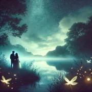 Dall·e 2025 03 25 07.43.21 A Dreamy, Romantic Scene With A Soft, Ethereal Glow. A Couple Stands Under A Starry Night Sky, Near A Quiet Lake, With Fireflies Around Them. A Gentle