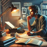 Dall·e 2025 03 27 23.23.45 A Realistic Digital Painting Of A Person Sitting At A Wooden Desk, Deep In Thought While Writing A Unique Article. The Workspace Is Filled With Open B
