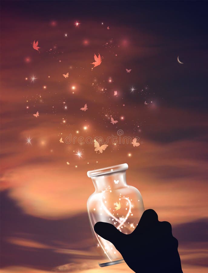 Butterflies Escaping Vase Freedom Dreams Group Jar Night Sky Background New Moon Soft Sunset Clouds Concept 139407314