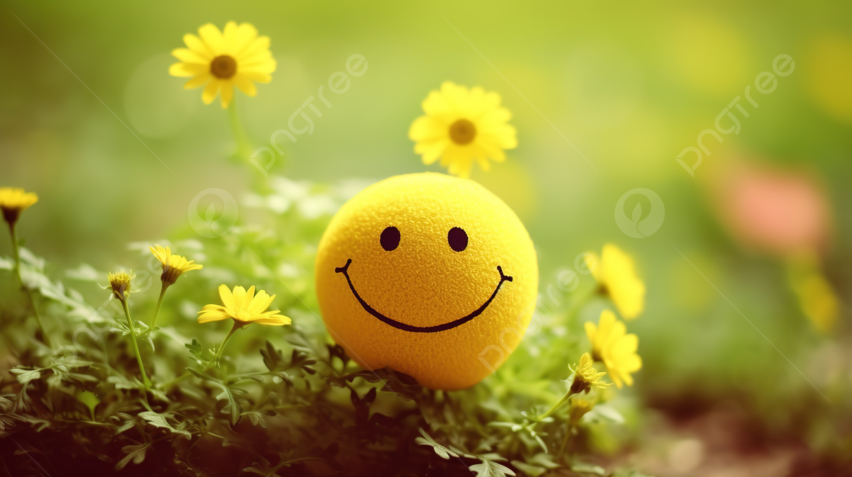Pngtree Yellow Smiley Faces Sat In The Grass With Flowers In Background Picture Image 2782394
