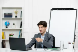 Teacher Young Instructor Office Suit Class With Computer Whiteboard With Pen 11zon